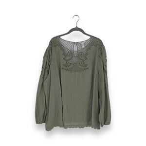 Cato Green Embroidered Crochet Bohemian Peasant Top Blouse Shirt